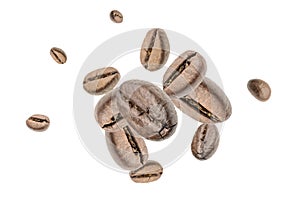 Coffee beans falling background. Black espresso coffee bean flying. Aromatic grain fall isolated on white. Represent