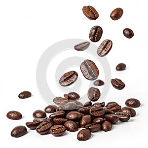 Coffee beans falling isolated on white