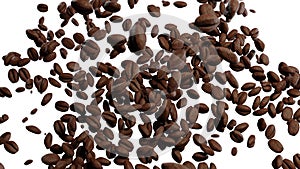 Coffee beans are falling on a white background. Roasted cocoa Beans. 3d render