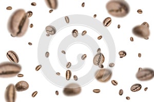 Coffee beans flying background. Black espresso grain falling on white. Rustic coffee bean fall isolated. Represent