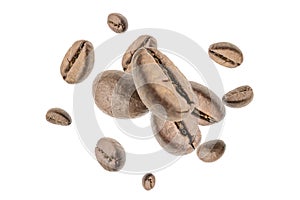 Coffee beans flying background. Black espresso grain falling on white. Rustic coffee bean fall isolated. Represent