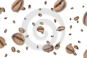 Coffee beans flying background. Black espresso grain falling on white. Rustic coffee bean fall isolated. Represent