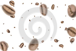 Coffee beans flying background. Black espresso grain falling on white. Rustic coffee bean fall isolated. Represent