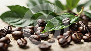 Coffee beans with green leaf close up on white