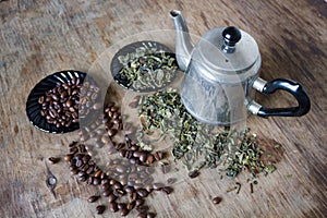 Coffee beans and green tea leaves