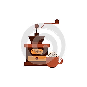 Coffee beans grinder and cup of drink cartoon vector illustration isolated.