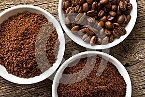 Coffee beans, ground coffee and instant coffee