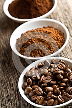Coffee beans, ground coffee and instant coffee