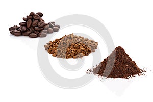 Coffee beans, ground coffee and instant coffee.