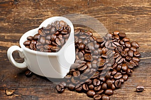 Coffee beans and ground coffee with small cup on wooden background