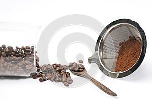 Coffee Beans And Ground Coffee on white background