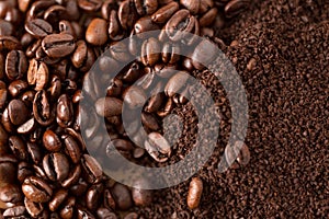 Coffee Beans and Grounds from Above Close Up