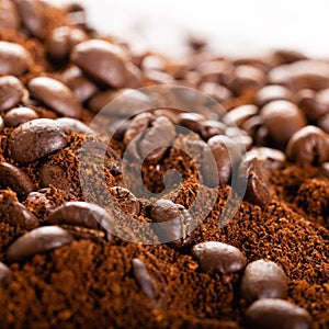 Coffee Beans and Grounds Close up. Background
