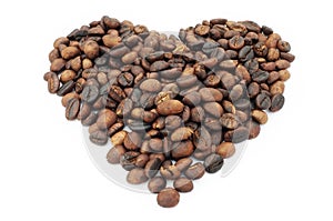 Coffee beans in heart shape isolated on white background