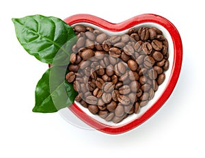 Coffee Beans In Heart Shaped Bowl Isolated