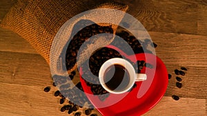 coffee and beans with heart shaped cups and saucer