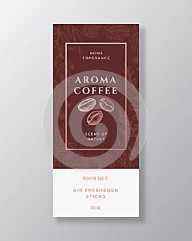 Coffee Beans Home Fragrance Abstract Vector Label Template. Hand Drawn Sketch Flowers, Leaves Background and Retro