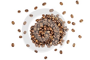 Coffee beans isolated on white background. Close up coffee beans isolated over white with clipping path. Freshly roasted dark