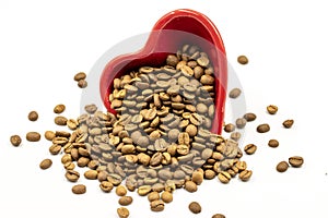 Coffee beans isolated on a white background. Full of coffee beans in a heart shaped plate