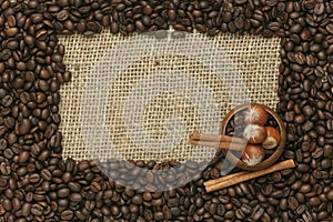 Coffee beans on Jute background