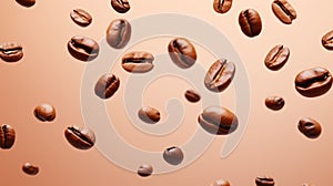 Coffee beans levitate on a beige background. Banner 2:1