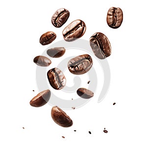 Coffee beans levitate isolated on transparent background.