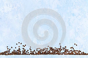 Coffee beans on light blue background