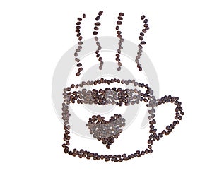 Coffee beans makes a cup of coffee with heart