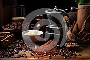 coffee beans beside a manual burr grinder