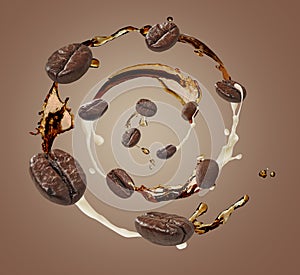 Coffee beans and milk and coffee splashes
