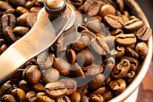 Coffee beans in mill on the rustic wooden background