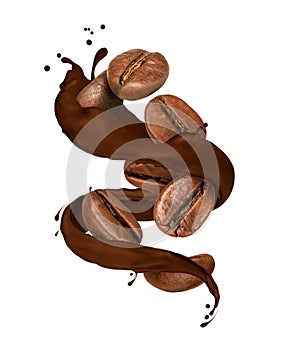 Chicchi di caffè si muove cioccolato spruzzatura su bianco 