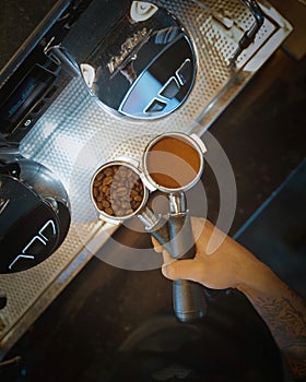 Coffee beans in portafilter