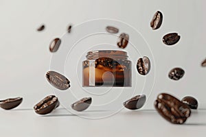 Coffee beans are pouring into a jar on a white surface