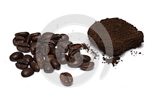 coffee beans pressed coffee powder white background