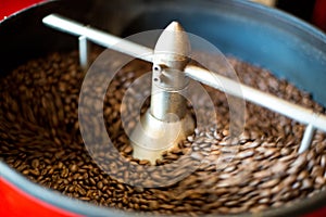 Coffee beans in a professional commercial coffee roasting machine