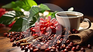 Coffee beans with real coffee fruits, flowers and leaves on wooden table