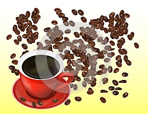 Coffee Beans and Red Cofee Cup Isolated in White Background.