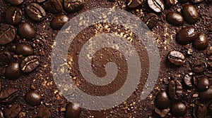 Coffee beans on rich brown abstract background photo