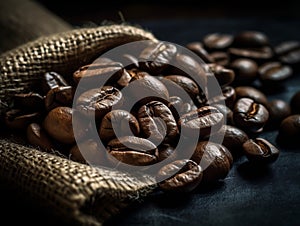 Coffee beans roasted with burlap sack background Close-up