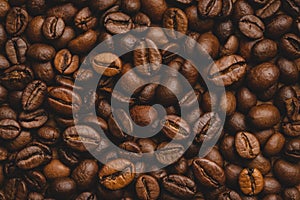 Coffee beans roasted full frame background Close up macro dark brown