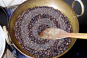 Coffee beans roasted in hot pan
