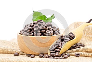 Coffee beans roasted in a wooden bowl and beans scoop on sackcloth isolated over white background