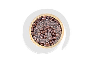 Coffee beans roasted in a wooden bowl isolated on white background. Top view