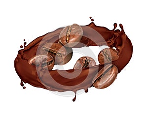 Coffee beans rotate in chocolate splashes, isolated on white