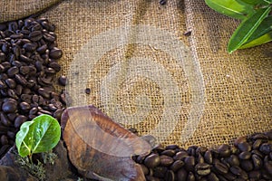 Coffee beans on sack background