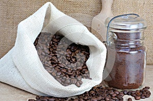 Coffee beans in a sack and Jar