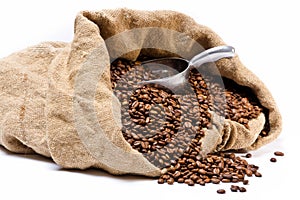 Coffee beans sack with metal scoop