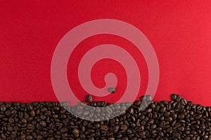 Coffee beans are scattered on a red paper background close-up, commercial copy space
