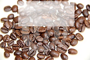 Coffee beans are scattered on a white backgroundcoffee beans are scattered on a white background and a light sign for writing and 